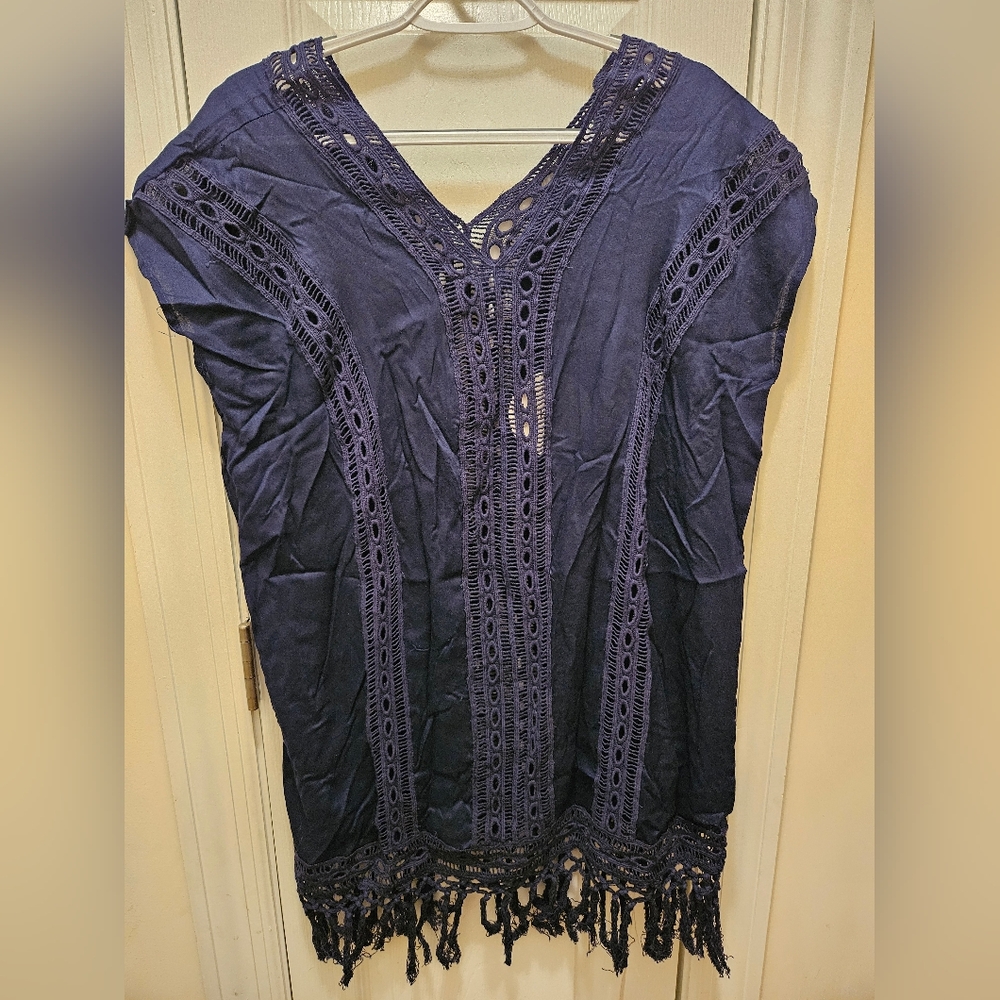 Navy fringe coverup by Bohome